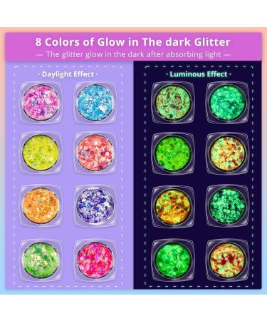 Chunky Glitter & Glow in the Dark Set 16 Colors Holographic Body Glitter for Makeup Face Body Nail & Hair Perfect for Concerts Festivals & Raves - Buy Online on GoSupps.com