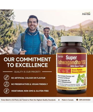Herba Ashwagandha Supplement - 150 Capsules | 6000mg Per Day | 15:1 Extra Strength Ashwagandha Capsule with Black Pepper | Adaptogen for Energy & Stress | Made in Canada - Buy Online on GoSupps.com