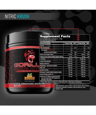 Gorilla Mode Nitric Stimulant Free Pre-Workout   Best Tasting and Most Effective Stimulant Free Pre-Workout/Massive Pumps   Vasodilation   Power / 680 Grams (Krush) - Buy Online on GoSupps.com