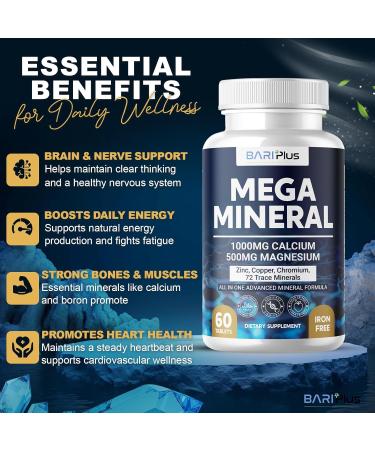 Mega Mineral Complete Complex with Vitamin D Calcium Magnesium Zinc Potassium Boron Selenium Chromium & 72 Trace Minerals Iron-Free USA Made 60 Tablets 60 Count (Pack of 1) - Buy Online on GoSupps.com
