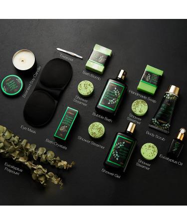 Natural Eucalyptus Spearmint Bath Set - 17 Pcs Home Spa Gift Basket with Mint Fragrance for Aromatherapy - Bath Oil, Shower Gel, Bubble Bath, Crystal, Steamer Tablet & More - Buy Online on GoSupps.com