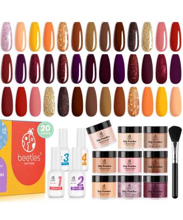 Beetles 25Pcs Dip Powder Nail Kit 20 Colors Fall Harvest Collection Nail Dip Powder with Dip Powder Base Activator and Top Coat Essential Kit Gold Yellow Burgundy Glitter Dipping Powder Nail Art Set B-Fall Harvest