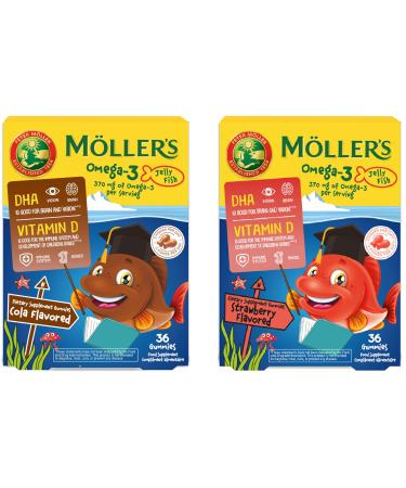 M LLER'S | Omega 3 Capsules for Children | Natural Omega 3 Fish with DHA and EPA | Easy to Chew No Gluten Lactose and Sugar | Pack of 72 | Cola & Strawberry Flavour
