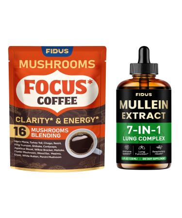 Fidus Mushroom Coffee with Adaptogens + Mullein Drops for Lung & Immune Support 16 in 1 Blend with Ashwagandha and 7 Herbal Extracts 90 Servings & 4 fl oz