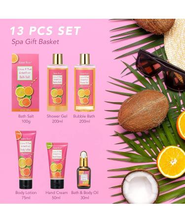 Citrus & Pink Grapefruit Spa Gift Basket for Women - 16 Pcs Self Care Kit including Bubble Bath, Massage Oil, Bath Salt, Bath Bombs - Luxury Birthday Gift - Buy Online on GoSupps.com