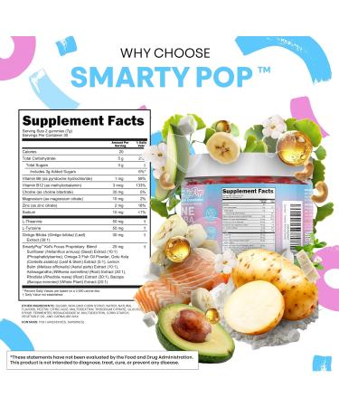 Clean Nutra Kids Focus Gummies with L-Theanine Ginkgo Biloba Omega-3 Fish Oil L-Tyrosine Vitamin B6 B12 60 Count Clean Label Non-GMO Vegan-Friendly SmartyPop Formula for Kids Support - Buy Online on GoSupps.com