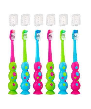 Farber Baby Kids Toothbrushes Set – Childrens Toothbrush 6 Pack with Compact, Extra Soft Bristles for Sensitive Teeth and Easy Grip Suction Cup Handles – Includes 6 Travel Covers (Pink, Blue, Green)