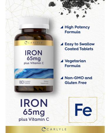 Carlyle Iron Supplement 65 mg with Vitamin C | 180 Tablets | 300mg of Vitamin C | Vegetarian Non-GMO and Gluten Free - Buy Online on GoSupps.com