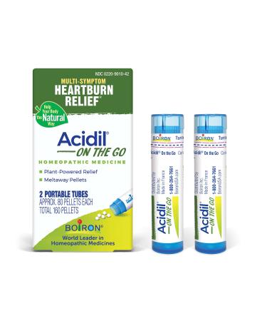 Boiron Acidil On The Go Travel Essential for Relief of Acid Reflux Heartburn Indigestion Bloating and Upset Stomach - 2 Count (160 Pellets) 80 Count (Pack of 2)
