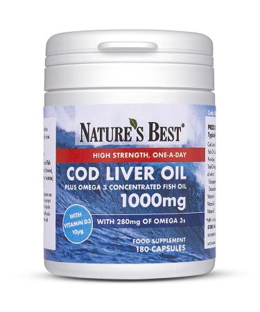 High Strength Cod Liver Oil Capsules 1000mg | 180 Capsules | One-A-Day | 6 month's Supply | Taste Free | Omega 3s with Vitamin D3 10 g | UK Made | 5-Stage Purification Process