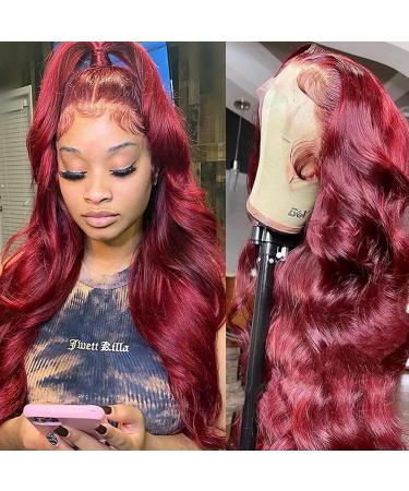 99J Burgundy Body Wave Lace Front Wig | Human Hair | 24 Inch 180% Density Pre Plucked Glueless Wig for Black Women - Buy Online on GoSupps.com