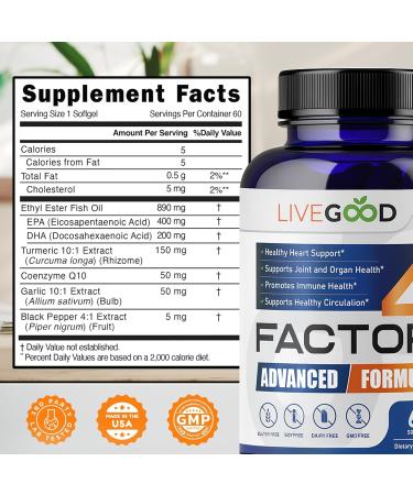LIVEGOOD Factor 4 Omega 3 Fish Oil with EPA & DHA CoQ10 and Turmeric Advanced Q10 Coenzyme & CoQ10 Supplements DHA Supplements for Heart Joint & Immune Support Made in USA 60 Count  - Buy Online on GoSupps.com