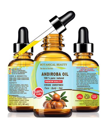 Botanical Beauty Brazilian ANDIROBA OIL 100% Pure Natural Virgin Unrefined Cold-pressed carrier oil 2 Fl oz 60 ml For Face Skin Body Hair Lip Nails Rich in vitamin C and vitamin E