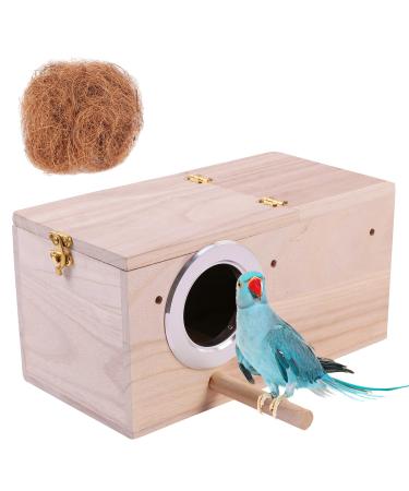 Hand Crafted Parakeet Nest Box Budgie Bird House with Natural Coconut Fiber Nesting Material Natural Wood Breeding Box for Cockatiel, Lovebirds, Parrotlets and Small to Medium Birds X-Large