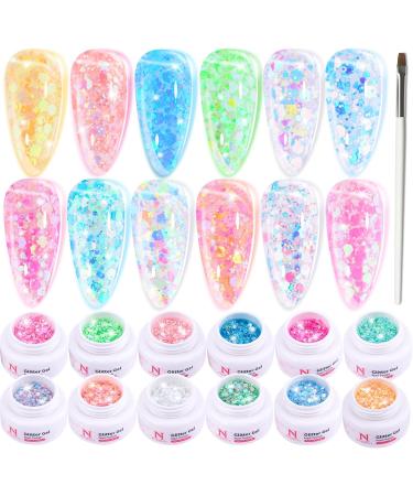 Noirwhite Glitter Gel Nail Polish Set -12 Colors Sparkle Aurora Sequins Gel Polish Resplendent Neon Colorful Trendy Translucent Glitter Solid Nail Polish Kit Pink Gold White Blue Green Soak Off UV LED Solid Gel Nail Polish for Home DIY Manicure Nail Salon - Buy Online on GoSupps.com