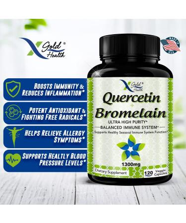 Quercetin 1000mg + Bromelain 300mg Supplement Complex - Cardiovascular & Respiratory Support - 120 Veggie Capsules - Buy Online on GoSupps.com