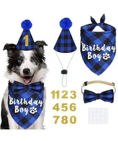 JOTFA Dog Birthday Party Supplies, Plaid Dog Birthday Boy Bandanas with Dog Birthday Party Hat Bow Tie Birthday Number for Small Medium Large Dogs Pets (Blue, Bandana & Hat & Bow Tie & Number) Bandana & Hat & Bow Tie & Number Blue