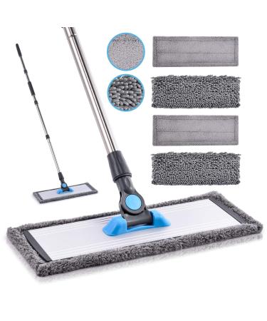 Microfiber Floor Hardwood Mop - MANGOTIME Dust Wet Mop with 4 Washable Chenille & Microfiber Pads and Aluminum Plate, Flat Mop for Floor Cleaning Laminate Wood Tile Vinyl Kitchen Home