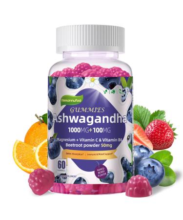 Ashwagandha Gummies 1000mg 60 Count Organic Root Extract Daily Adaptogen Gummies Non-GMO Sugar Free & Gluten Free 60 Count (Pack of 1)