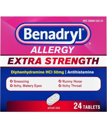Benadryl Liqui-Gels Antihistamine Allergy Medicine & Cold Relief Dye Free 24 ct & Extra Strength Allergy Relief 50mg Diphenhydramine Tablets - 24ct - Buy Online on GoSupps.com