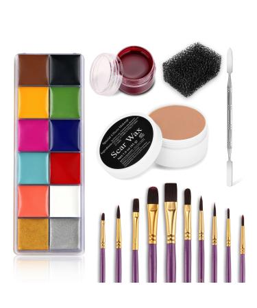 DELISOUL Professional Special Effects SFX Makeup Kit,12 Colors Face Body Paint Palette,Wound Modeling Scar Wax,Coagulated Fake Blood,10 Purple Brushes,Spatula Tool,Stipple Sponge for Halloween Costume - Buy Online on GoSupps.com