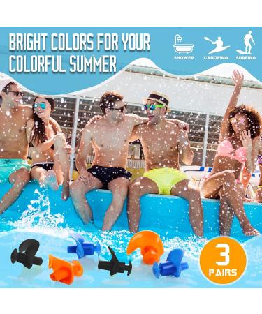 Hearprotek Swim Ear Plugs - 3 Pairs Waterproof Reusable Silicone Ear Plugs for Adults - Comfortable for Swimmers, Shower, Pool, Bath, Surfing - Blue/Black/Orange - Buy Online on GoSupps.com