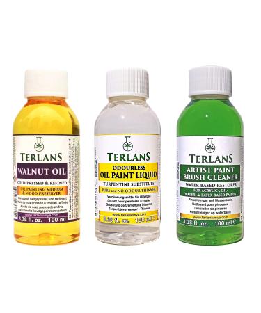 TERLANS Oil Painting Supplies 3 Pack | Odourless Thinner | Walnut Oil | Paint Brush Cleaner | (3x100ml)