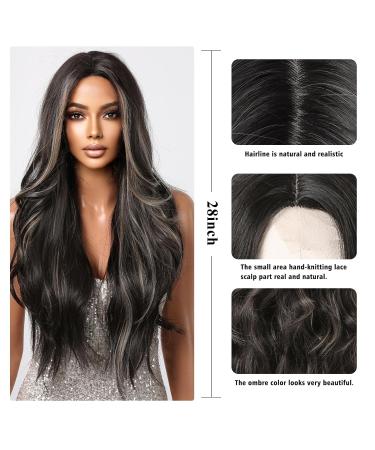 28 Inch Long Black Wigs for Women | Wavy Curly Synthetic Wig with Blonde Highlights - Perfect for Daily and Party Use - Buy Online on GoSupps.com