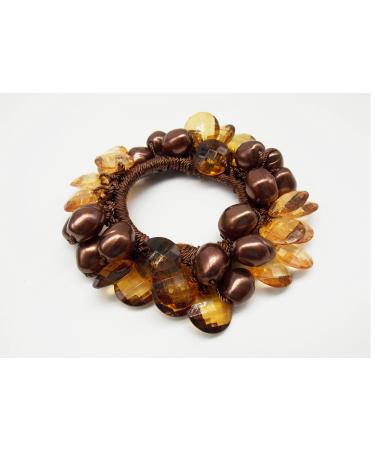 Amber and Brown Bead Hair Bobble - for Ponytail - Elasticated Scrunchie Band