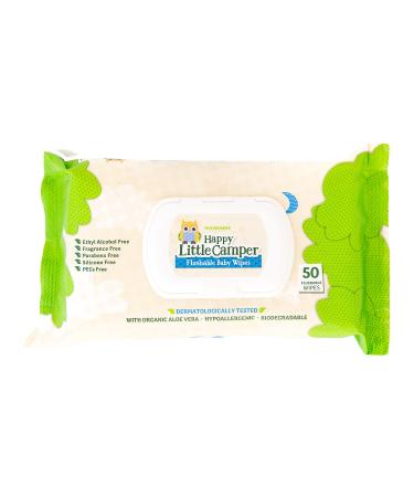 Happy Little Camper Natural Flushable Wet Wipes with Aloe Vera and Vitamin E, Chlorine-Free, Unscented, Gentle, Hypoallergenic and Dermatologically Tested, Septic Safe, 50 Count