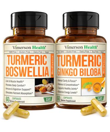 Boswellia Turmeric Curcumin Supplement + Turmeric Ginkgo Biloba Bundle Natural Turmeric Supplement for Focus Memory Joint & Brain Health with Ginger Root Curcuma Black pepper & Organic Tumeric