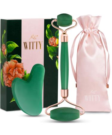 WITTY Jade Face Roller and Gua Sha Set in Hand-Drawn Giftbox - Gua Sha Stone  Face Massager Roller  Beauty Massage Face Scraper Tools - Guasha Tool for Face Roller Skin Care  Eyes  Neck - Extra Pouch Green