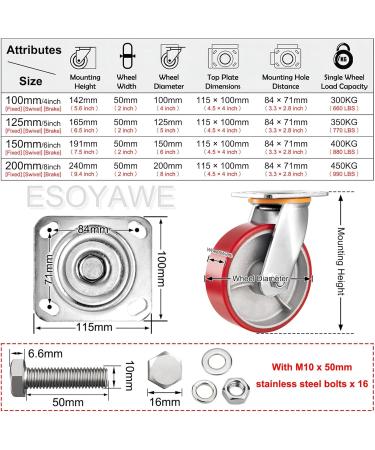 Threaded Shaft Swivel Castors Ball Castors Set of 4 4 5 6 8 Inch Heavy Duty Steel Hub Silent Polyurethane Casters Double Ball Bearing Replacement Caster with Brakes(Swivel 200mm) 200mm Swivel - Buy Online on GoSupps.com