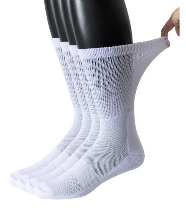 Yomandamor Mens Diabetic Breathable Crew Socks Non-binding Cotton Cushioned Socks(4-Pair) 10-13 White