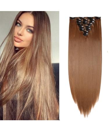 23" Long Straight Clip in Hair Extensions Full Head 8Pcs 18Clips Ombre Colorful Synthetic Hair Clip in Hairpiece Light Brown Light Brown 23 inch