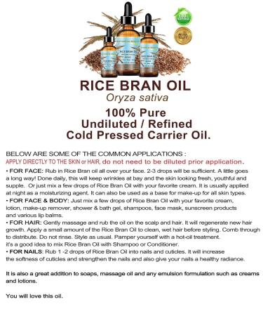 Botanical Beauty RICE BRAN OIL 100% Pure Natural Refined Undiluted Cold Pressed Carrier Oil for Face Skin Body Hair Massage Nails. 1 Fl. oz - 30 ml - Buy Online on GoSupps.com