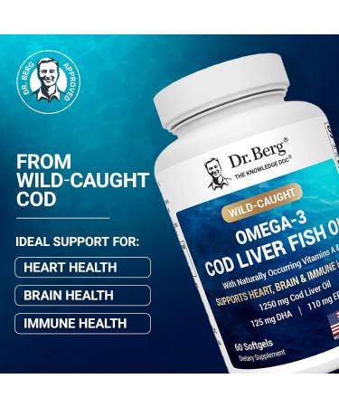 Dr. Berg Omega 3 Cod Liver Fish Oil 1250 mg from Wild Caught Cod for Women & Men EPA DHA atty Acid Supplement 60 Softgels - Buy Online on GoSupps.com