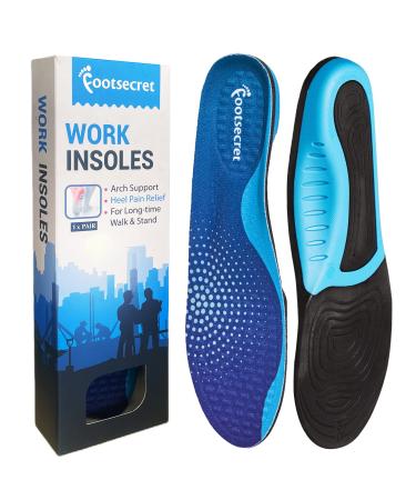 (New) FOOTSECRET Work Comfort Orthotic Insole  Heel Pain and Plantar Fasciitis Relief for Long Time Standing (L: Men 9.5-11.5/Women 10.5-12.5  Blue) L: Men 9.5-11.5/Women 10.5-12.5 Blue