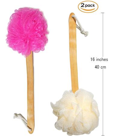 Shower Loofah Body & Back Scrubber 2 PACK - Exfoliating Bath Brush with Long Wooden Handle - For Men & Women - Easy Reach Body Wash Applicator - Buy Online on GoSupps.com