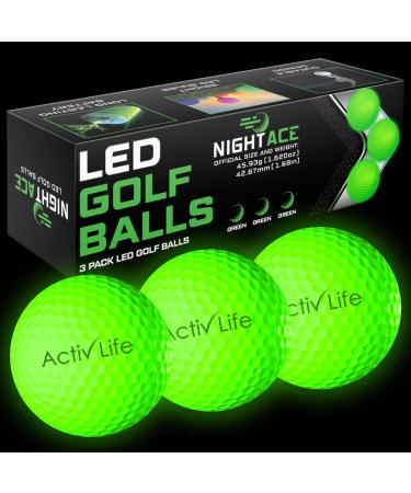 Activ Life Super Bright LED Golf Balls - Lighted Glow in The Dark Golf Balls for Night Golf - 40 Hours Battery Life, Dont Let Sundown Stop You, Easter Novelty Gift for Golfers, 3-Pack Green