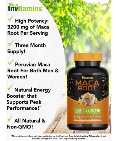 TnVitamins Maca Root Capsules 3200mg - 180 Capsules | Peruvian Maca Extract for Women & Men | High Potency Maca Pills - Non-GMO - Buy Online on GoSupps.com