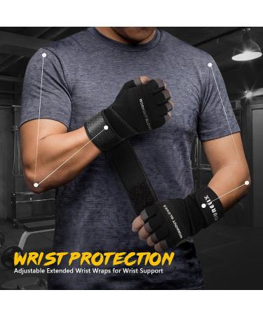 CURELIX Workout Gloves with Wrist Wraps Support for Men & Women - Large, Black | Full Palm Protection for Gym Training, Fitness, Pull Ups - Ultra Ventilated - Buy Online on GoSupps.com