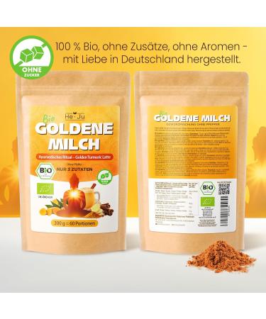  He-Ju He-Ju Organic Golden Milk Pure 300g (60 servings) only 3 ingredients: turmeric ginger and Ceylon cinnamon no pepper or sugar no additives Ayurvedic and mild. - Buy Online on GoSupps.com