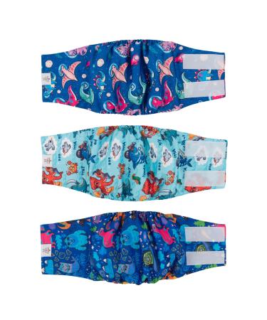 Cutebone male washable dog diapers belly bands 3 pieces reusable dog belly band for male high-suction dog wraps with flexible Velcro dm18l-de octopus & dinos L (43-53.5cm)