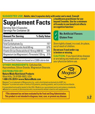 Nature Made Magnesium L-Threonate with Vitamin C & D3 | Cognitive Support Supplement | 90 Capsules - Buy Online on GoSupps.com