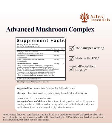 Native Essentials 10-in-1 Mushroom Complex with Lions Mane Reishi Cordyceps - 2600mg Focus Energy Immune Support Supplement 90 Capsules - Buy Online on GoSupps.com