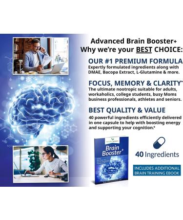Advanced Brain Booster Supplements - Memory Focus & Clarity Vitamins with 40 Ingredients - Boost Energy & Enhance Brain Function - 60 Pills with DMAE for Nootropic Support - Buy Online on GoSupps.com