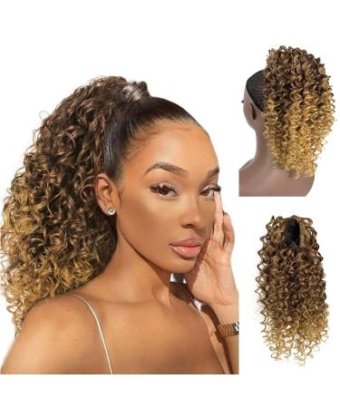 Deep Curly Drawstring Ponytail Extension for Black Women Afro Kinky Curly Pony Tail Hair Piece Synthetic Hair Extensions With 2 Clips 14 Inches (T33/27) 14 Inch T33/27(Ombre Blonde)