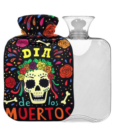 Naanle Dia de los Muerto's hot water bottle with cover transparent hot water bottle hand feet hot water bottle for pain relief heat and cold therapy 1 l
