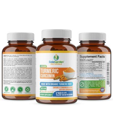Organic Turmeric Curcumin with BioPerine & 95% Curcuminoids - 120 Non GMO Veggie Capsules by SolaGarden Naturals - Buy Online on GoSupps.com